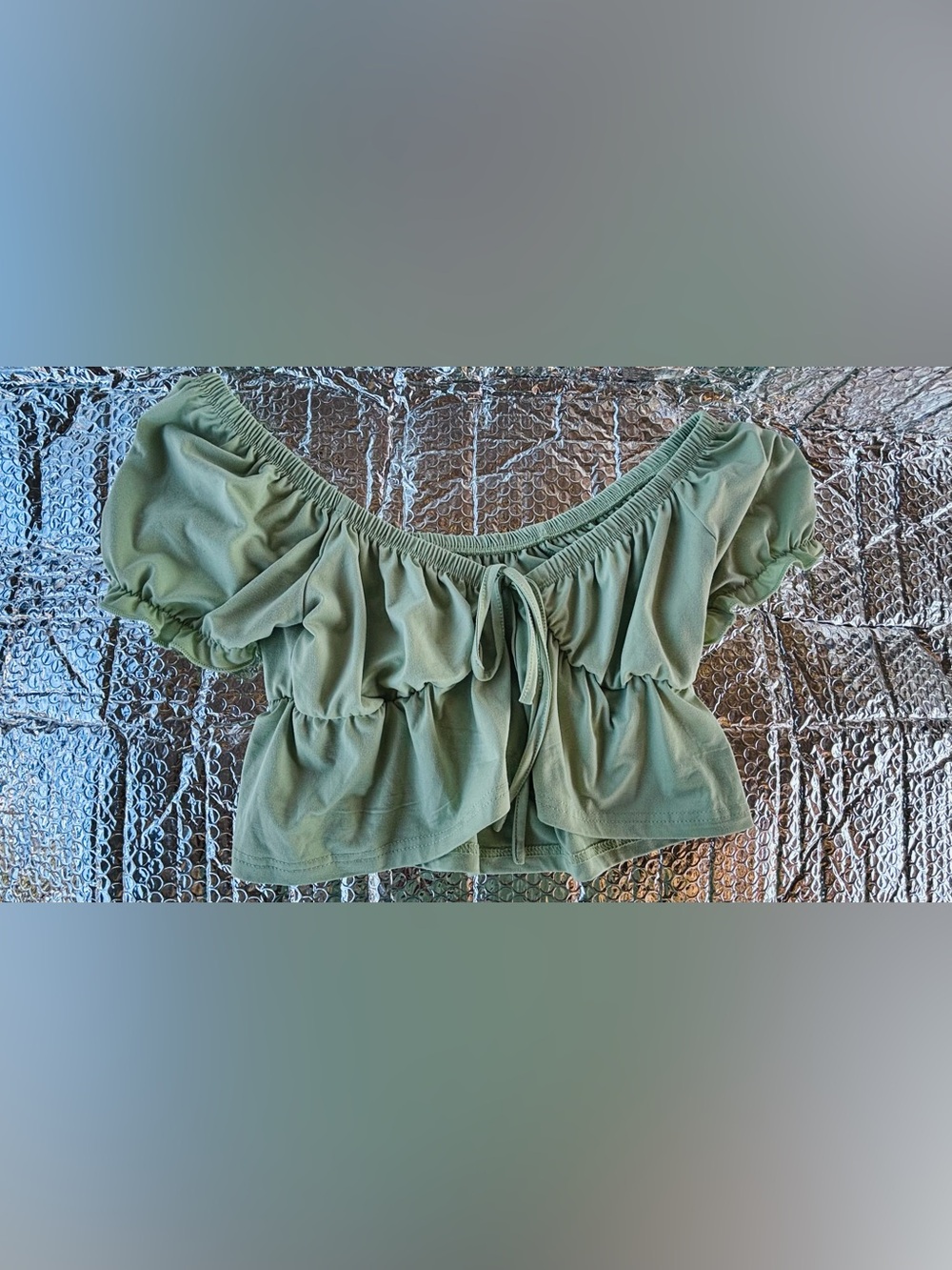Effordram Crop Top Womens Seafoam Green Ruffle Front Tie Sz M V Neck Stretch